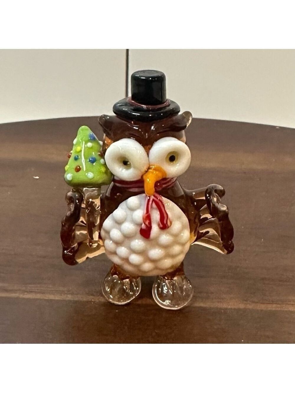 Pier 1 Hand Blown Glass Vitg Owl Christmas Figurine,Hat Scarf Christmas Tree 2”